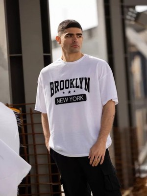 Efnaz Style Unisex Bisiklet Yaka Baskılı Oversize T-Shirt - Beyaz