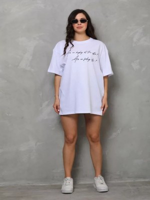 Efnaz Style Unisex Bisiklet Yaka Baskılı Oversize T-Shirt - Beyaz