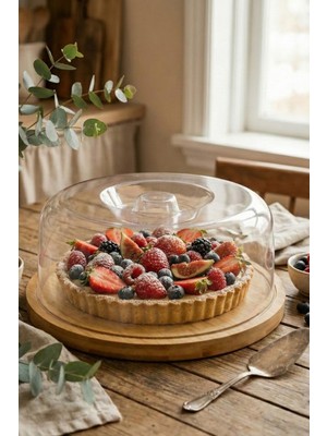 Özgürce Bambu Tabanlı Şeffaf Kapaklı Kek Fanusu ve Pasta Sunum Standı