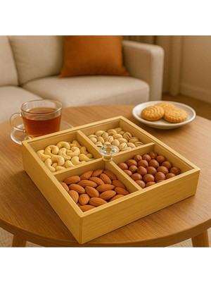 Özgürce Bambu Kare 4 Bölmeli Çerezlik, Kahvaltılık Akrilik Kapak, 24 cm
