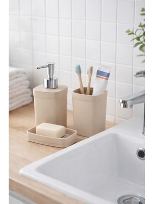 PremiumPort Şık 3 Parça Banyo Aksesuar Seti Bej 17CM LB080