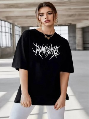 Efnaz Style Unisex Bisiklet Yaka Baskılı Oversize T-Shirt - Siyah