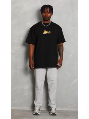 Efnaz Style Unisex Bisiklet Yaka Baskılı Oversize T-Shirt - Siyah