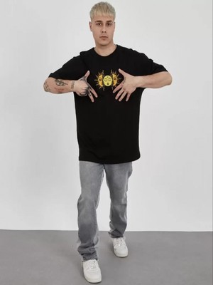 Efnaz Style Unisex Bisiklet Yaka Baskılı Oversize T-Shirt - Siyah