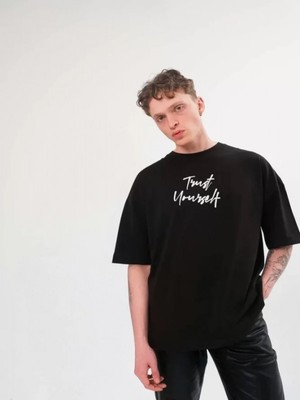 Efnaz Style Unisex Bisiklet Yaka Baskılı Oversize T-Shirt - Siyah