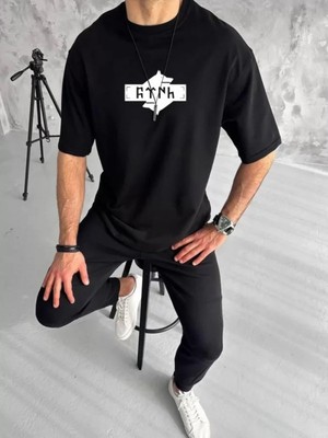 Efnaz Style Unisex Bisiklet Yaka Baskılı Double Oversize T-Shirt - Siyah