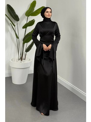 Merven Akyüz Monevia Kolları Yırtmaçlı Saten Abiye Siyah