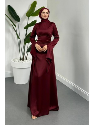 Merven Akyüz Monevia Kolları Yırtmaçlı Saten Abiye Bordo