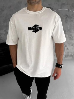 Efnaz Style Unisex Bisiklet Yaka Baskılı Double Oversize T-Shirt - Beyaz