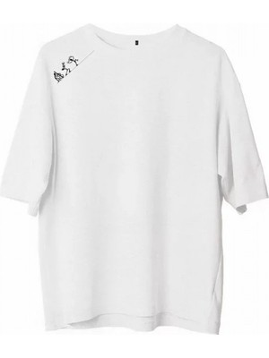 Efnaz Style Unisex Bisiklet Yaka Baskılı Oversize T-Shirt - Beyaz