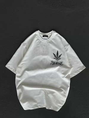 Efnaz Style Unisex Bisiklet Yaka Baskılı Oversize T-Shirt - Beyaz