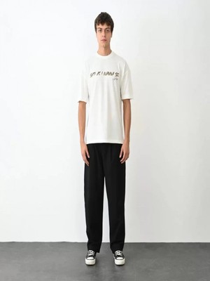 Efnaz Style Unisex Bisiklet Yaka Baskılı Oversize T-Shirt - Beyaz