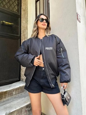 Efnaz Style Unisex Uzun Kol Baskılı Bomber Ceket - Siyah