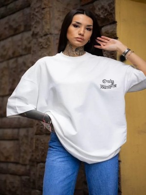 Efnaz Style Unisex Bisiklet Yaka Baskılı Oversize T-Shirt - Beyaz