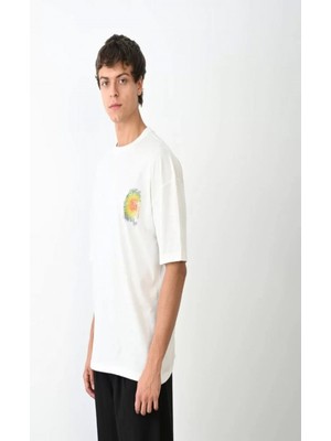 Efnaz Style Unisex Bisiklet Yaka Baskılı Oversize T-Shirt - Beyaz