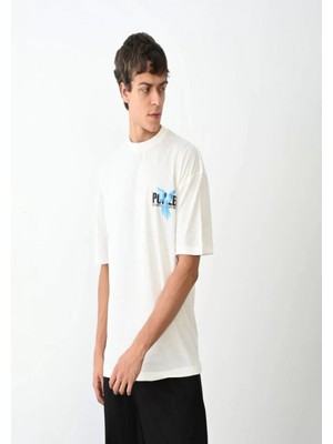 Efnaz Style Unisex Bisiklet Yaka Baskılı Oversize T-Shirt - Beyaz