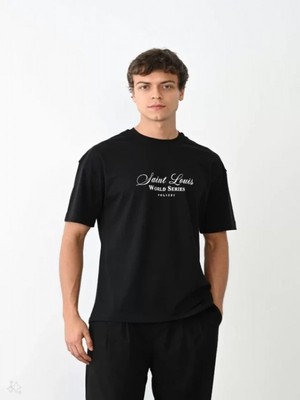 Efnaz Style Unisex Bisiklet Yaka Baskılı Oversize T-Shirt - Siyah