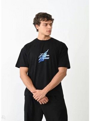 Efnaz Style Unisex Bisiklet Yaka Baskılı Oversize T-Shirt - Siyah