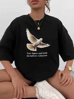 Efnaz Style Unisex Bisiklet Yaka Baskılı Oversize T-Shirt - Siyah