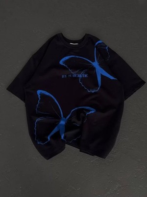 Efnaz Style Unisex Bisiklet Yaka Baskılı Oversize T-Shirt - Siyah