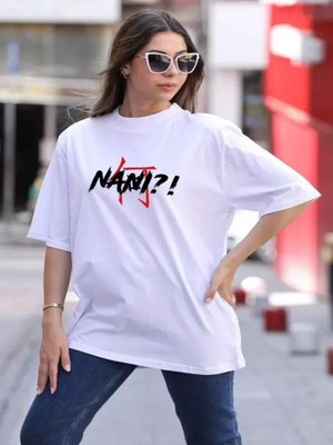 Efnaz Style Unisex Bisiklet Yaka Baskılı Oversize T-Shirt - Beyaz