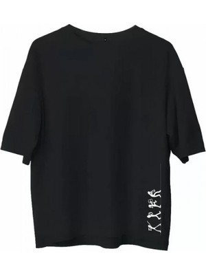 Efnaz Style Unisex Bisiklet Yaka Baskılı Oversize T-Shirt - Siyah