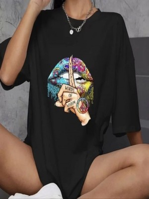 Efnaz Style Unisex Bisiklet Yaka Baskılı Oversize T-Shirt - Siyah