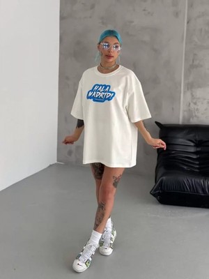Efnaz Style Unisex Bisiklet Yaka Baskılı Oversize T-Shirt - Beyaz