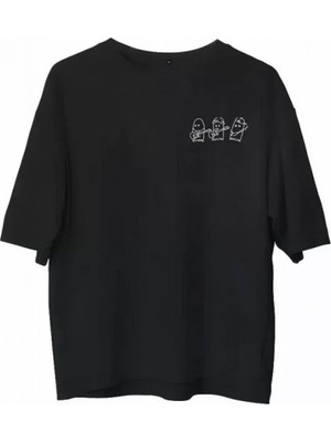 Efnaz Style Unisex Bisiklet Yaka Baskılı Oversize T-Shirt - Siyah
