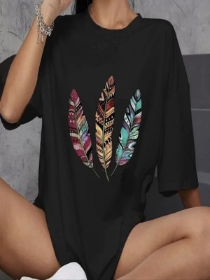 Efnaz Style Unisex Bisiklet Yaka Baskılı Oversize T-Shirt - Siyah