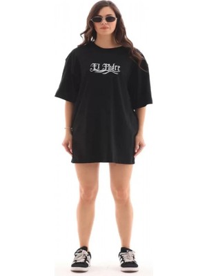 Efnaz Style Unisex Bisiklet Yaka Baskılı Oversize T-Shirt - Siyah