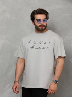 Efnaz Style Unisex Bisiklet Yaka Baskılı Oversize T-Shirt - Gri