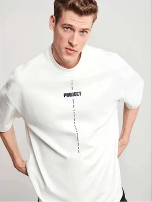 Efnaz Style Unisex Bisiklet Yaka Baskılı Oversize T-Shirt - Beyaz