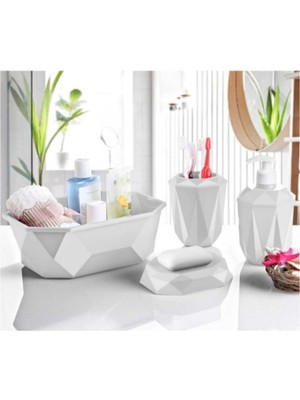 PremiumPort Beyaz Prizma 4'lü Banyo Seti, Şık ve Fonksiyonel Tasarım