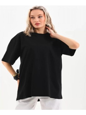 Efnaz Style Unisex Bisiklet Yaka 20/1 Düz Oversize T-Shirt - Siyah