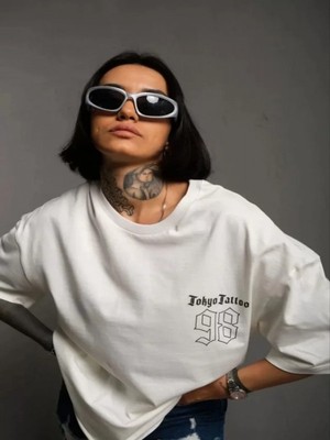 Efnaz Style Unisex Bisiklet Yaka Baskılı Oversize T-Shirt - Beyaz