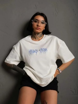 Efnaz Style Unisex Bisiklet Yaka Baskılı Oversize T-Shirt - Beyaz