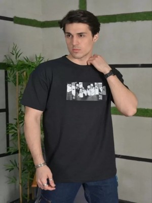 Efnaz Style Unisex Bisiklet Yaka Baskılı Oversize T-Shirt - Siyah