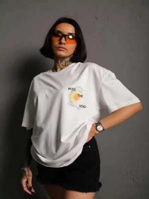 Efnaz Style Unisex Bisiklet Yaka Baskılı Oversize T-Shirt - Beyaz