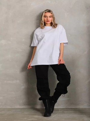 Efnaz Style Unisex Bisiklet Yaka 20/1 Düz Oversize T-Shirt - Beyaz