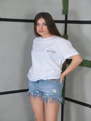Efnaz Style Unisex Bisiklet Yaka Baskılı Oversize T-Shirt- Beyaz