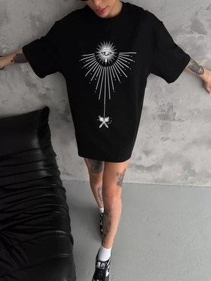Efnaz Style Unisex Bisiklet Yaka Baskılı Oversize T-Shirt - Siyah