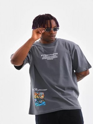 Efnaz Style Unisex Bisiklet Yaka Baskılı Oversize T-Shirt - Gri