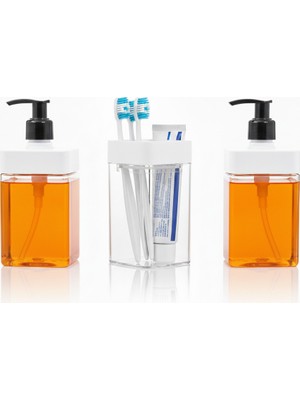PremiumPort Şeffaf Akrilik 3'lü Banyo Seti, Modern Kare Tasarım Sabunluk ve Diş Fırçalık