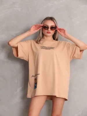 Efnaz Style Unisex Bisiklet Yaka Baskılı Oversize T-Shirt - Bej