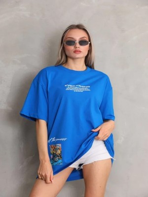Efnaz Style Unisex Bisiklet Yaka Baskılı Oversize T-Shirt - Mavi