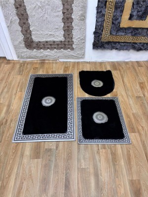 PremiumPort Şık Siyah Peluş Banyo Seti, Gümüş Varak Detaylı, Lüks ve Konforlu