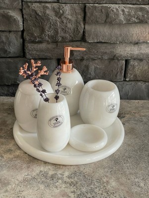 PremiumPort Mermer Desenli Rose Gold Mercan Aksesuarlı Oval 6'lı Banyo Seti