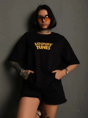 Efnaz Style Unisex Bisiklet Yaka Baskılı Oversize T-Shirt - Siyah