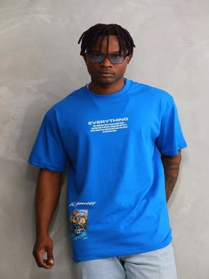 Efnaz Style Unisex Bisiklet Yaka Baskılı Oversize T-Shirt - Mavi